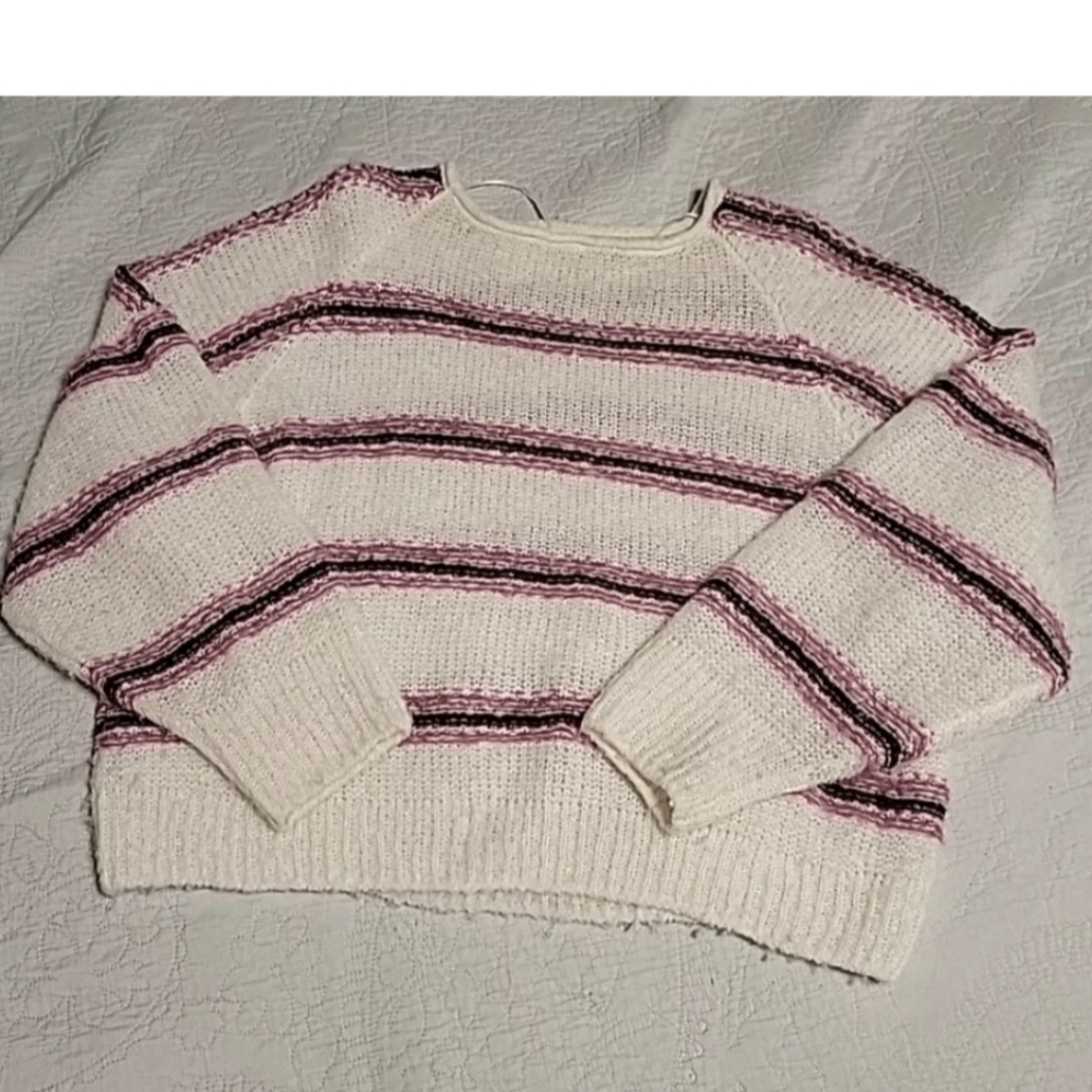 Free People Women Hockley Long Shoulder Knit Stripe Sweater Cream Pink Size XS